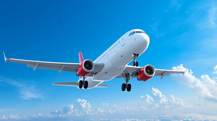 Obraz premium White Airplane in Flight Above Blue Sky and Fluffy Clouds