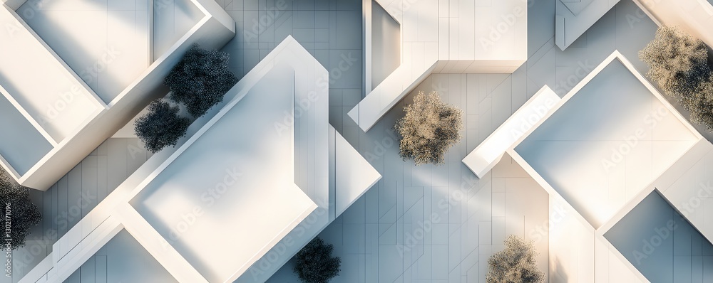 Poster aerial view showcases modern architecture with greenery integrated within structures