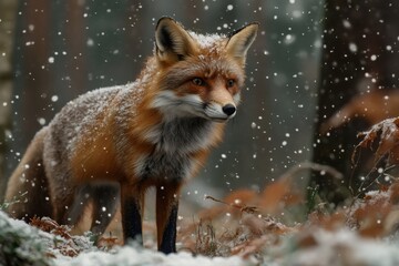 Obraz premium Red fox standing in the snow while snowing
