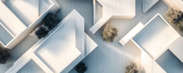 Aerial view showcases modern architecture with greenery integrated within structures