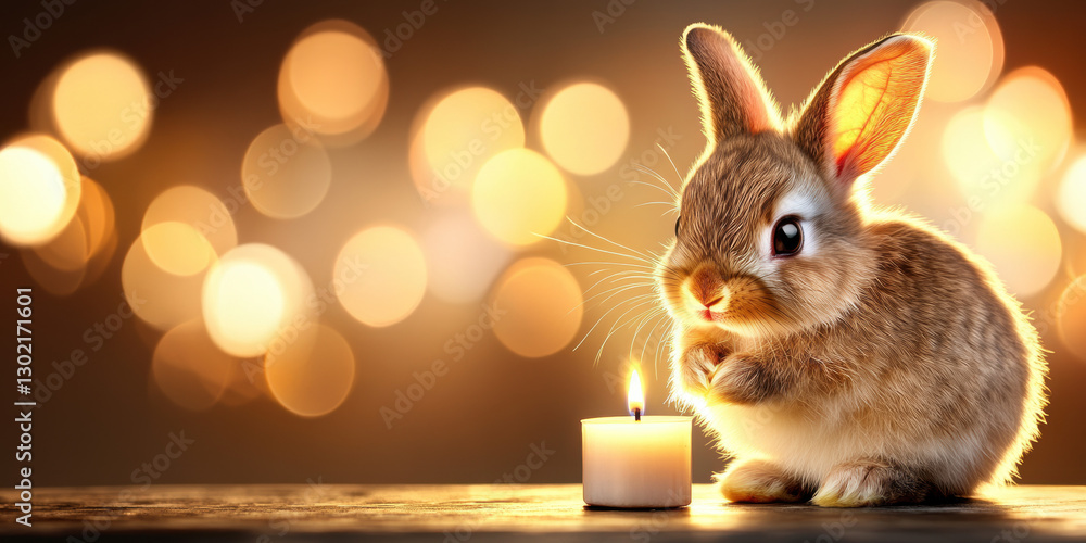 Poster a small rabbit next to a candy, optimized for text overlay, high fidelity image.