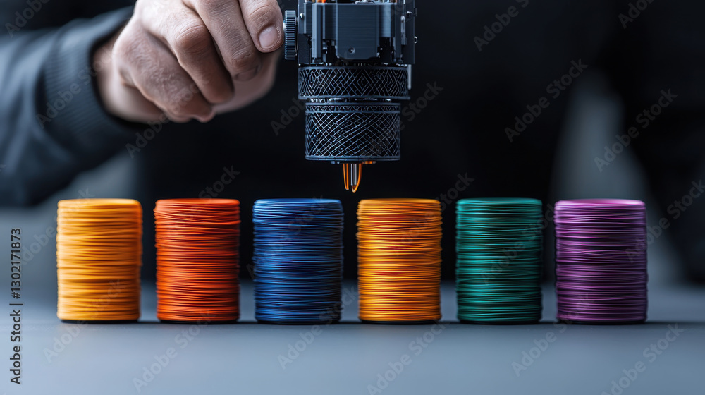 Poster creating intricate designs with 3d printer, tradesman focuses on colorful spools of filament. vibran