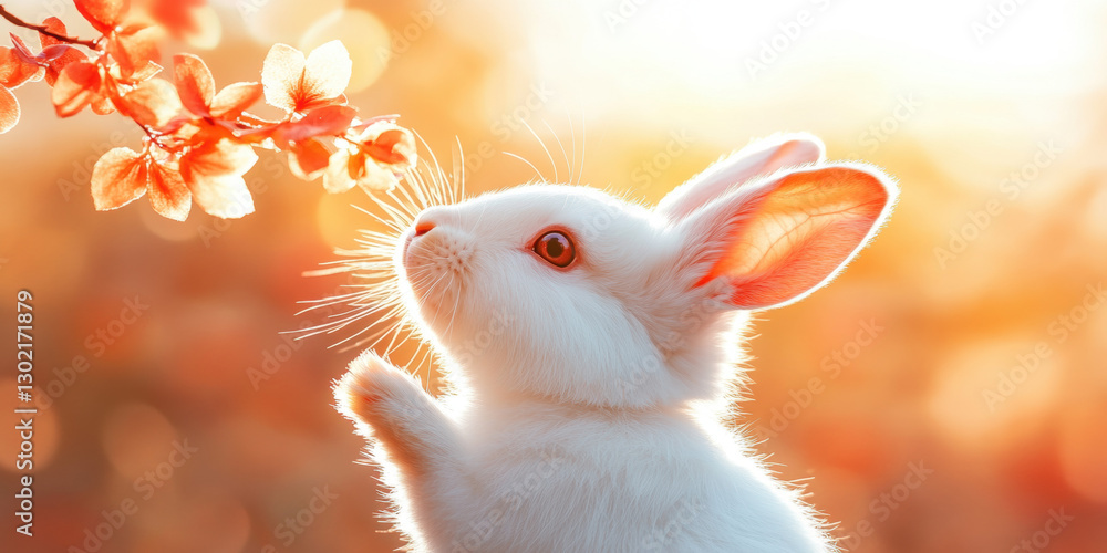 Poster a white rabbit in autumn, featuring space for text, high fidelity resolution for stock image use.