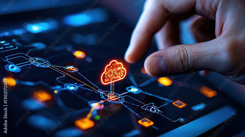 Poster hand interacting with digital cloud computing interface, showcasing vibrant technology and connectiv
