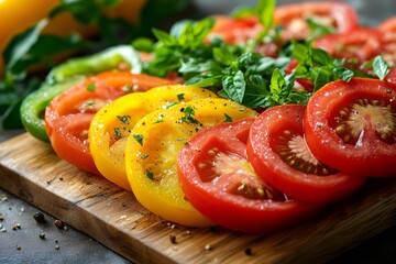 Sliced tomatoes and basil leaves seasoned with salt and pepper on wooden cutting board