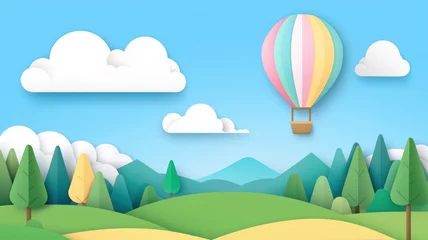 Fototapeten Colorful hot air balloon soaring over a serene landscape with mountains and fluffy clouds. © Nattanon