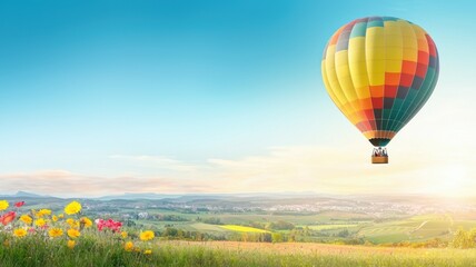 Fototapeta premium Hot air balloon soaring over vibrant fields and flowers under a clear blue sky.
