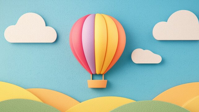 Colorful paper hot air balloon against a blue sky with clouds and rolling hills.