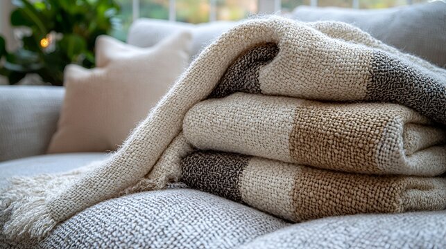 Stacked blankets on a couch in a living room, cozy home decor, perfect for relaxation