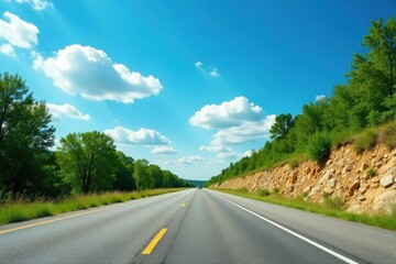 Fototapeta premium A scenic highway stretches towards a bright horizon under a vibrant summer sky, lined with lush green trees and a rocky embankment