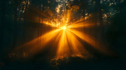 Golden Sunbeams Through Dark Forest