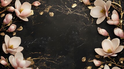 Beautiful floral arrangement of magnolia blossoms with gold accents on black marble