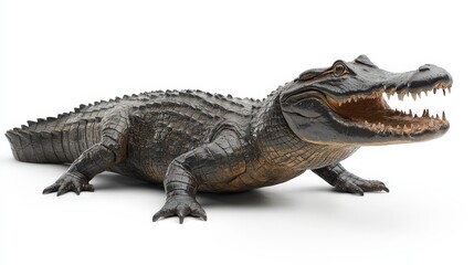Naklejka premium A striking black alligator with an opened jaw, showcasing razor-sharp teeth, faces right. Its sleek, muscular upper body exudes power and elegance in this captivating close-up