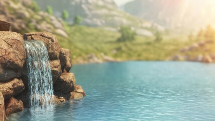 Naklejka premium Serene waterfall cascading into a tranquil lake surrounded by lush greenery and mountains.