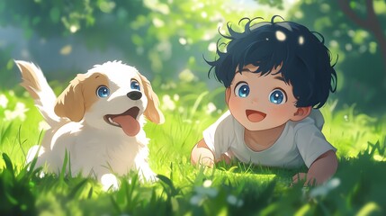 Toddler Boy and Puppy Play in Sunny Grass