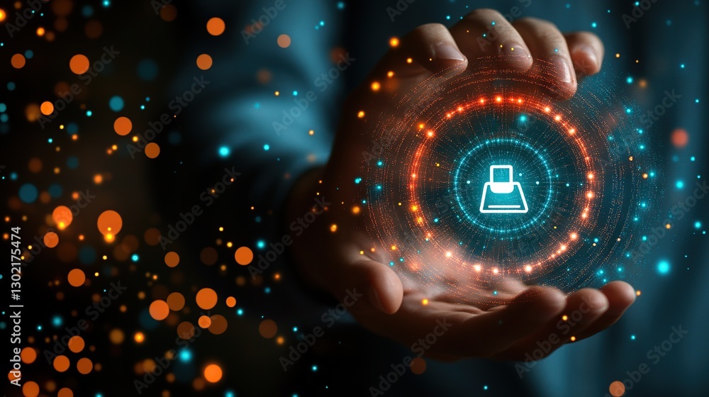 Poster businessman's hand hovers over a glowing data file icon in a dark background with bokeh lights. use 