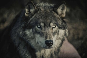 Majestic grey wolf portrait, intense gaze, close-up.