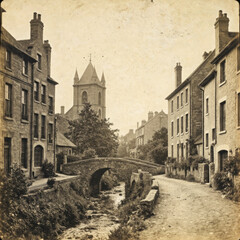 An old stone bridge in vintage style, spanning the river. Sepia, aging effect, scuffs. The atmosphere of the past, retro style, historical setting.