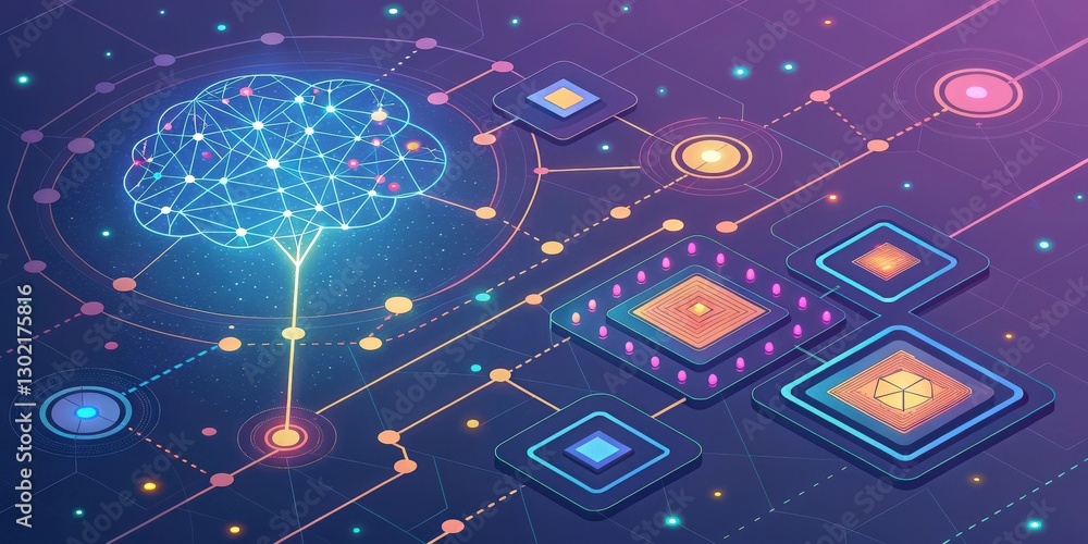 Poster an illustration of an abstract concept of artificial intelligence with a glowing brain and interconn