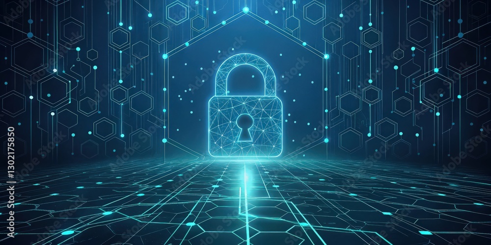 Poster a digital padlock icon representing data security, glowing within an interconnected network