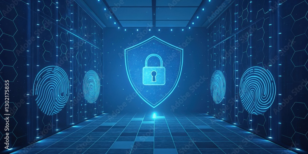 Poster digital data security represented by a shield with a padlock icon, surrounded by digital fingerprint