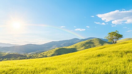 Fototapeta premium Vibrant landscape with rolling hills, a tree, and a rainbow under a clear blue sky.