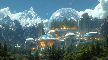Fototapeta premium Futuristic dome city nestled in mountains, serene