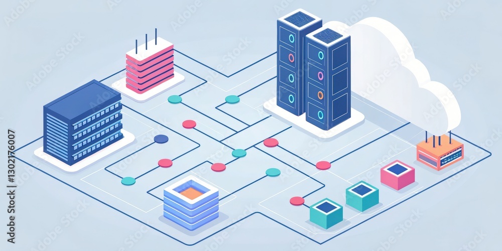 Poster an illustration of a digital network and cloud computing, depicting interconnected servers and data 