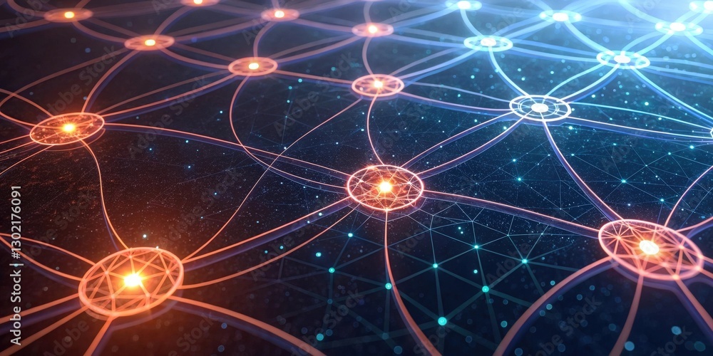 Poster a network of glowing nodes connected by lines, representing the interconnectedness of modern technol