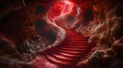 Striking red staircase leading up a rugged rocky mountain surrounded by lush greenery and clear blue sky above