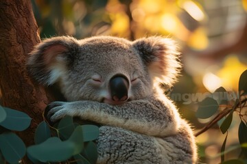 Naklejka premium Adorable koala sleeping on a eucalyptus tree at sunset