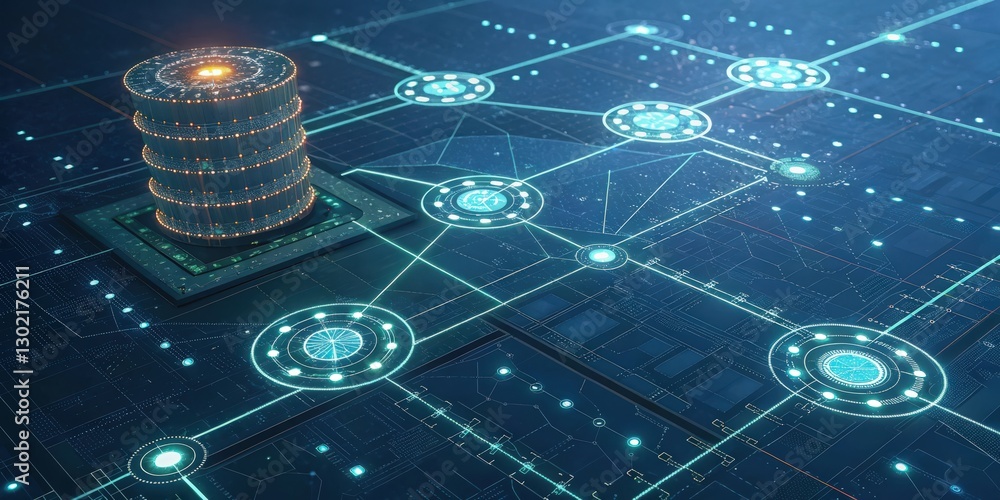 Poster abstract representation of a data server connected in a network. illuminated blue lights, indicating