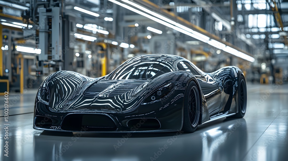 Poster car in a factory environment captured during the assembly process with workers and equipment in the 