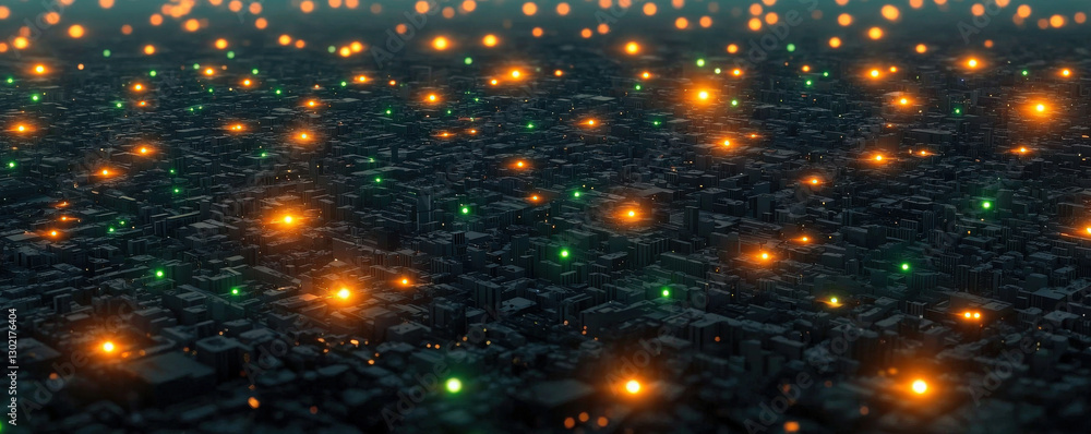 Poster a mesmerizing view of scattered glowing lights resembling stars on a dark surface, creating an encha