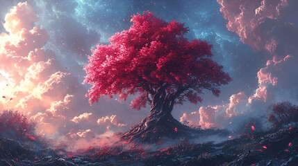 Majestic pink cherry blossom tree in a vibrant sky