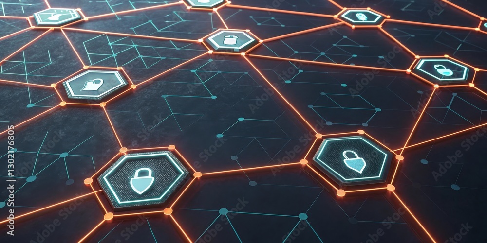 Poster a digital network with interconnected security icons, symbolizing secure data transfer and blockchai