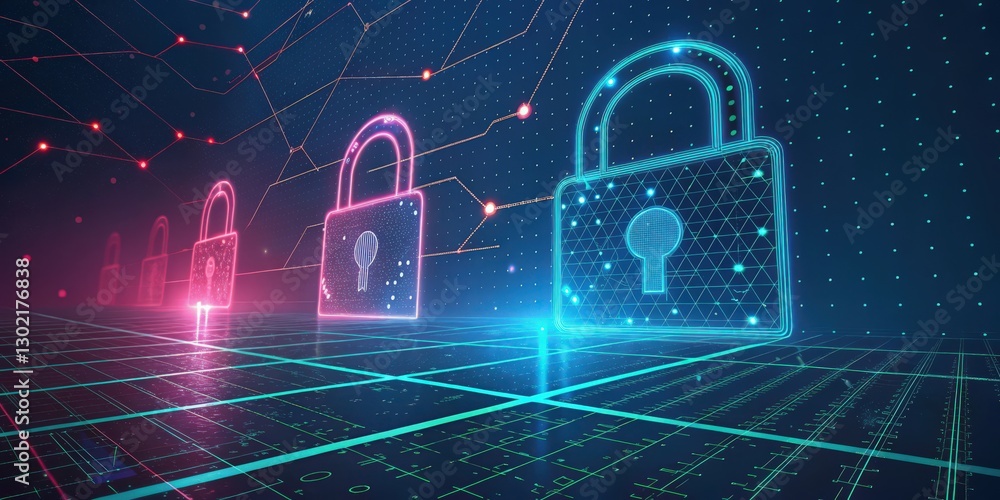 Poster digital padlock glows with data lines on a grid, conveying cybersecurity and data protection