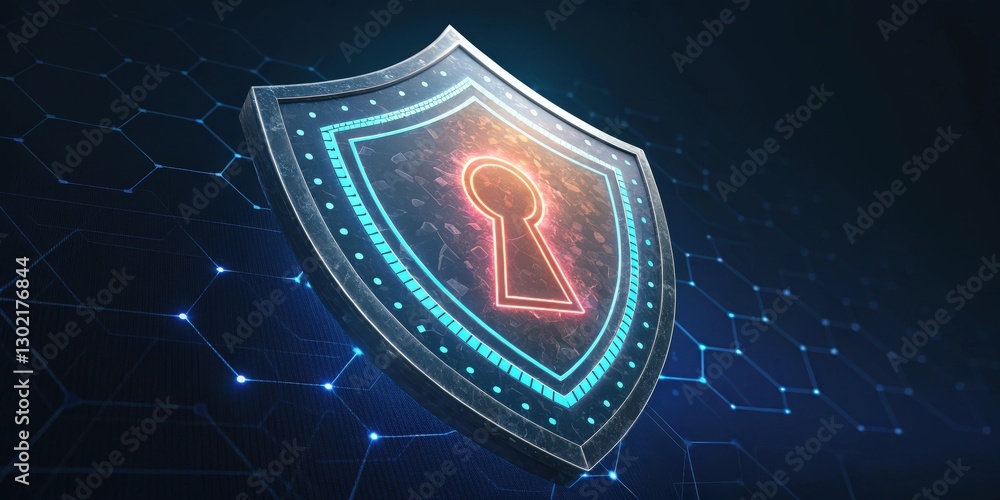 Poster a digital shield with a glowing keyhole, symbolizing security and protection. a symbol of data prote