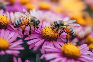 Fototapeta premium Bees pollinating pink flowers in garden, blurred background