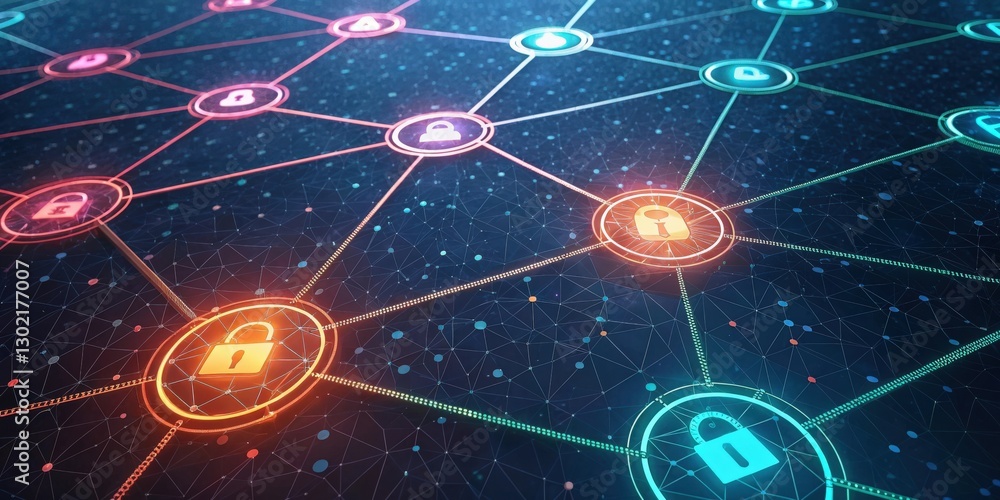 Poster digital security concept: interconnected network with glowing padlocks and a sense of secure connect