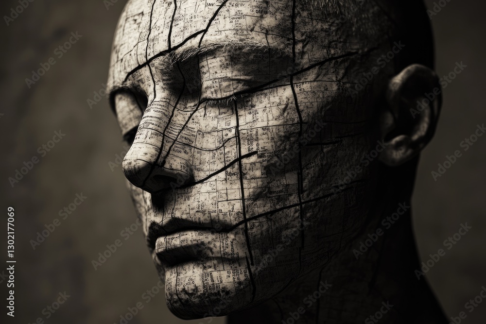 Poster a face fragmented into a grid of text, evoking themes of memory, identity, and the human condition.