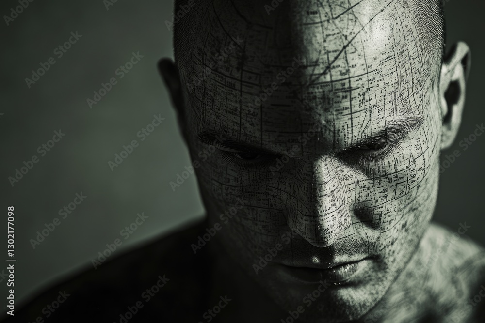 Poster a man's face is overlaid with a map-like texture, creating a surreal and thought-provoking image.
