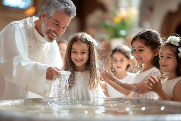 Priest pouring holy water on smiling girls during baptism ceremony in church © kardaska