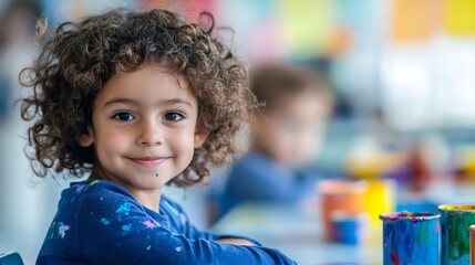 Happy preschool student smiling during art class at school