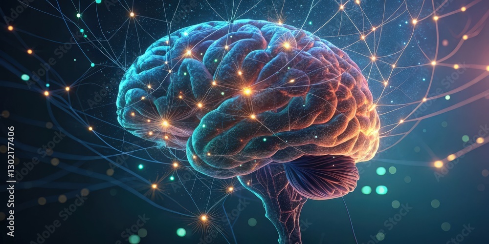 Poster a glowing human brain with interconnected neural network, symbolizing intelligence and cognitive pro