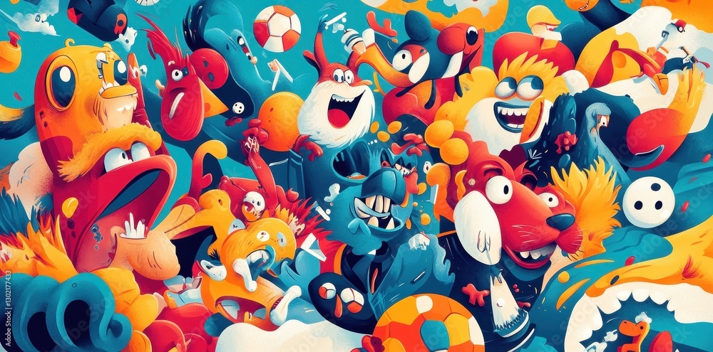 Poster cartoon characters and creatures enjoying themselves in a colorful background scene