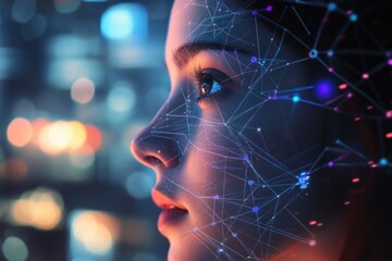 A woman's face is overlaid with a network of glowing lines, symbolizing digital connection and technological integration.