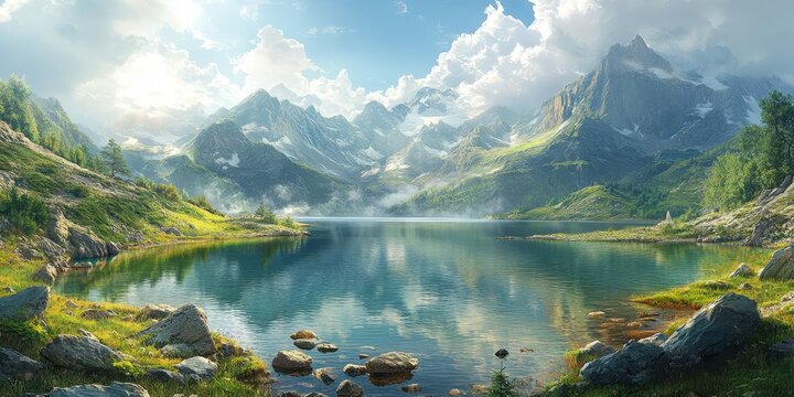 A breathtaking digital masterpiece captures a majestic mountain landscape under a bright blue sky adorned with fluffy clouds. Sunlight bathes lush, verdant peaks, highlighting their grandeur with stri