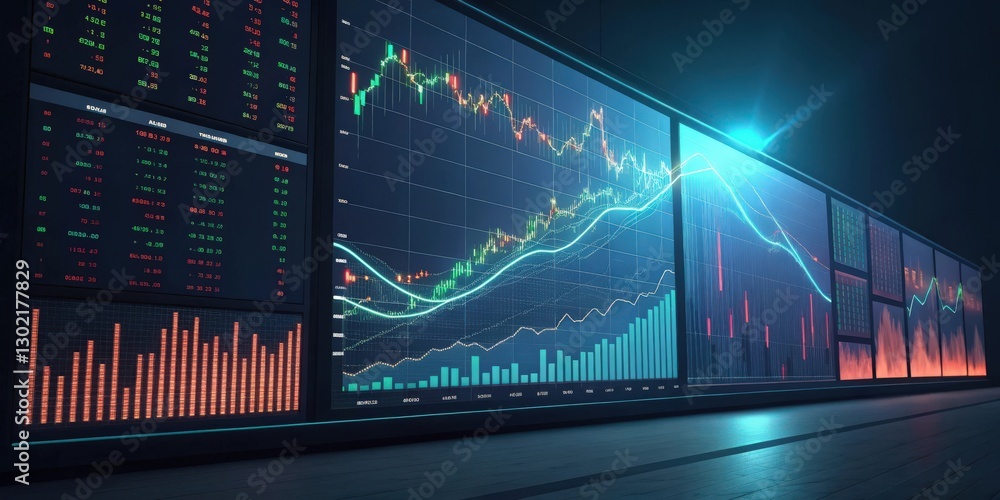 Poster a collection of multiple screens displaying real-time stock market data with charts and graphs