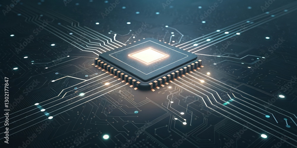 Poster a close-up of a computer processor, the core of technology, with intricate circuits and a glowing ce